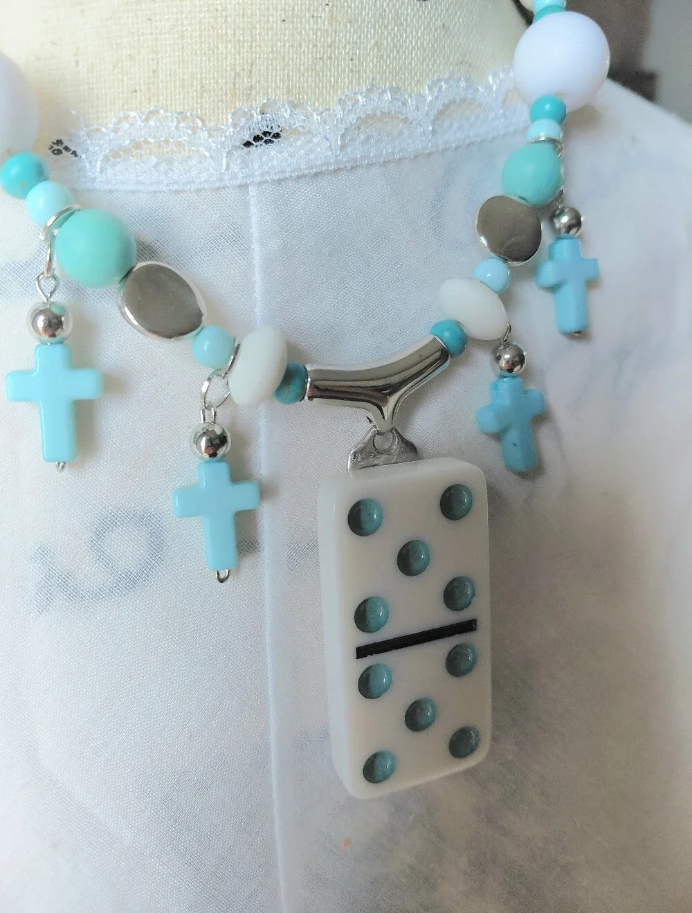 OOAK Handmade Turquoise Cross and Domino Necklace & earrings Set